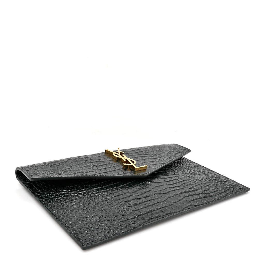 Saint Laurent Calfskin Crocodile Embossed Uptown Monogram Pouch Mint