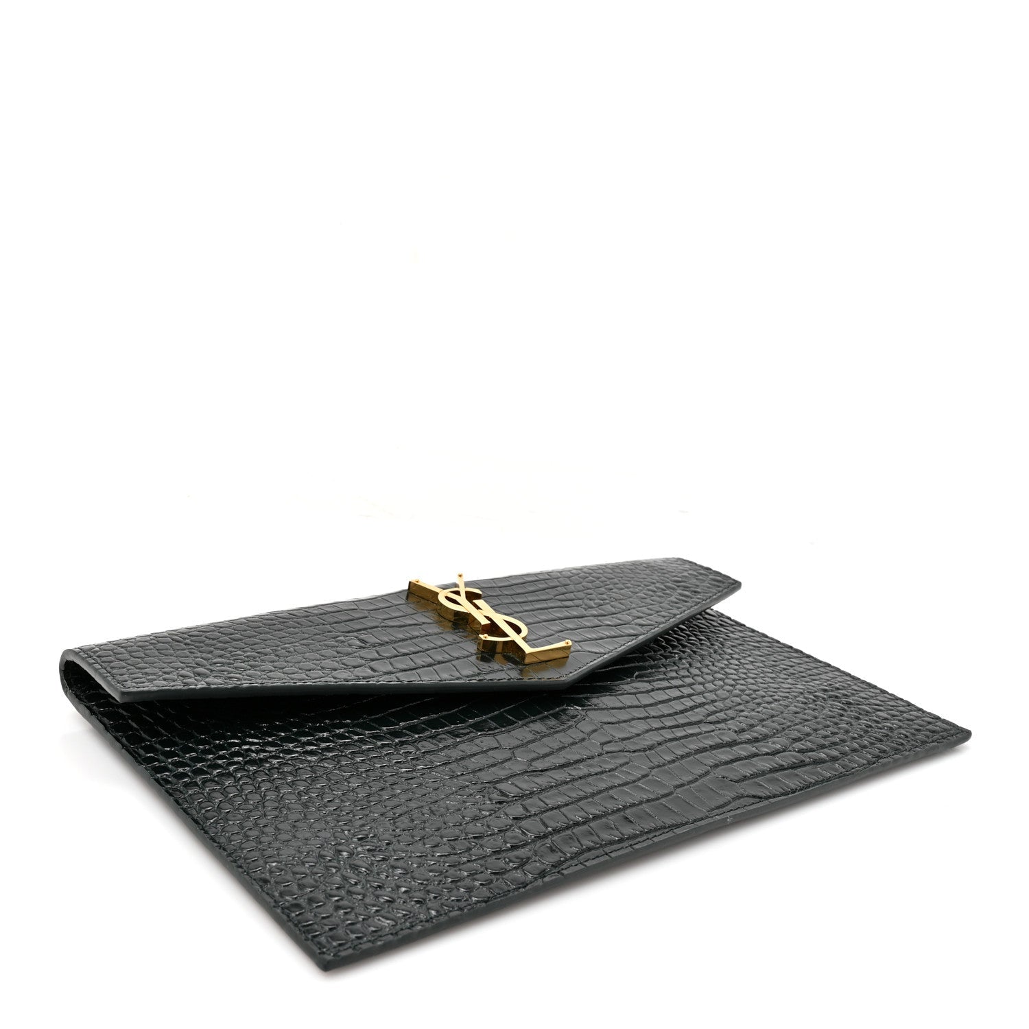 Saint Laurent Calfskin Crocodile Embossed Uptown Monogram Pouch Mint