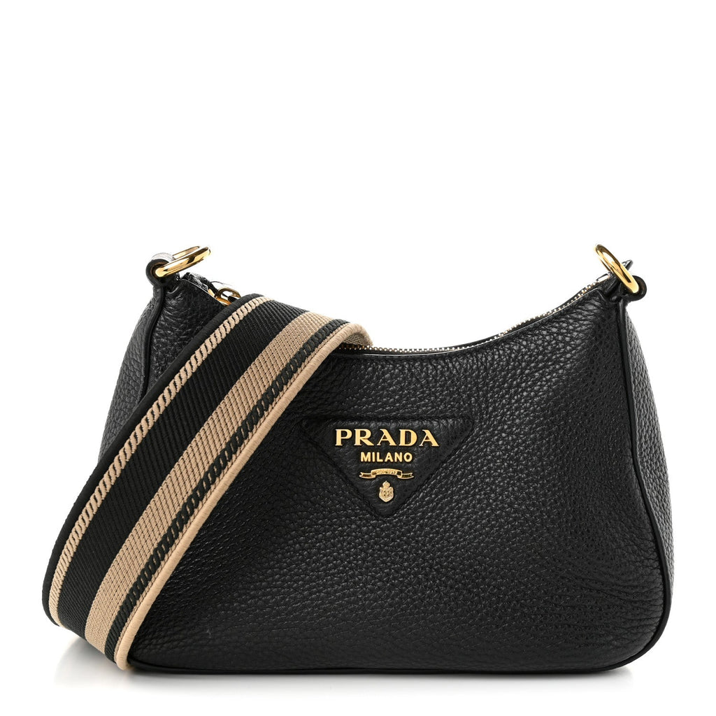 Prada Vitello Daino Soft Zippered Hobo Shoulder Bag Black