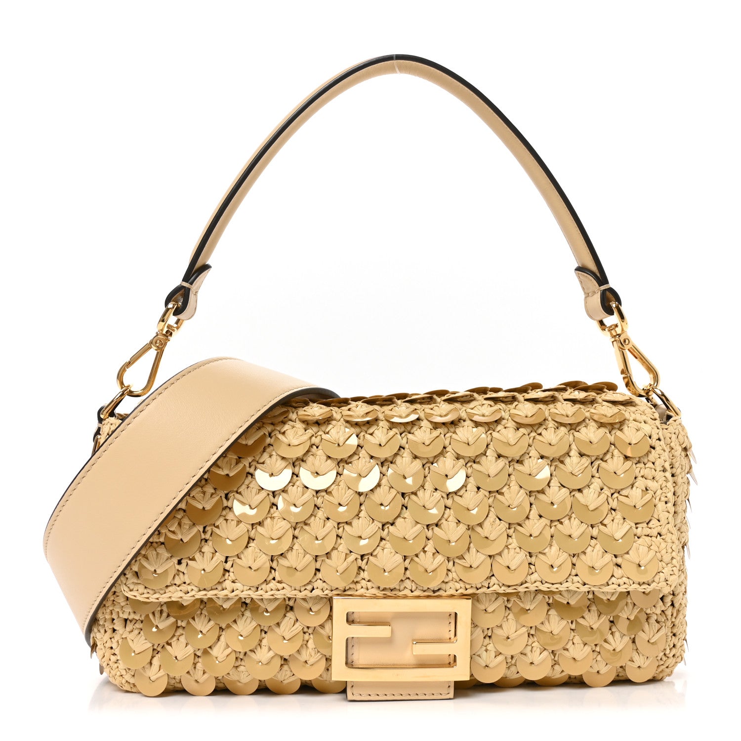Fendi Sequin Macrame Baguette Beige Gold