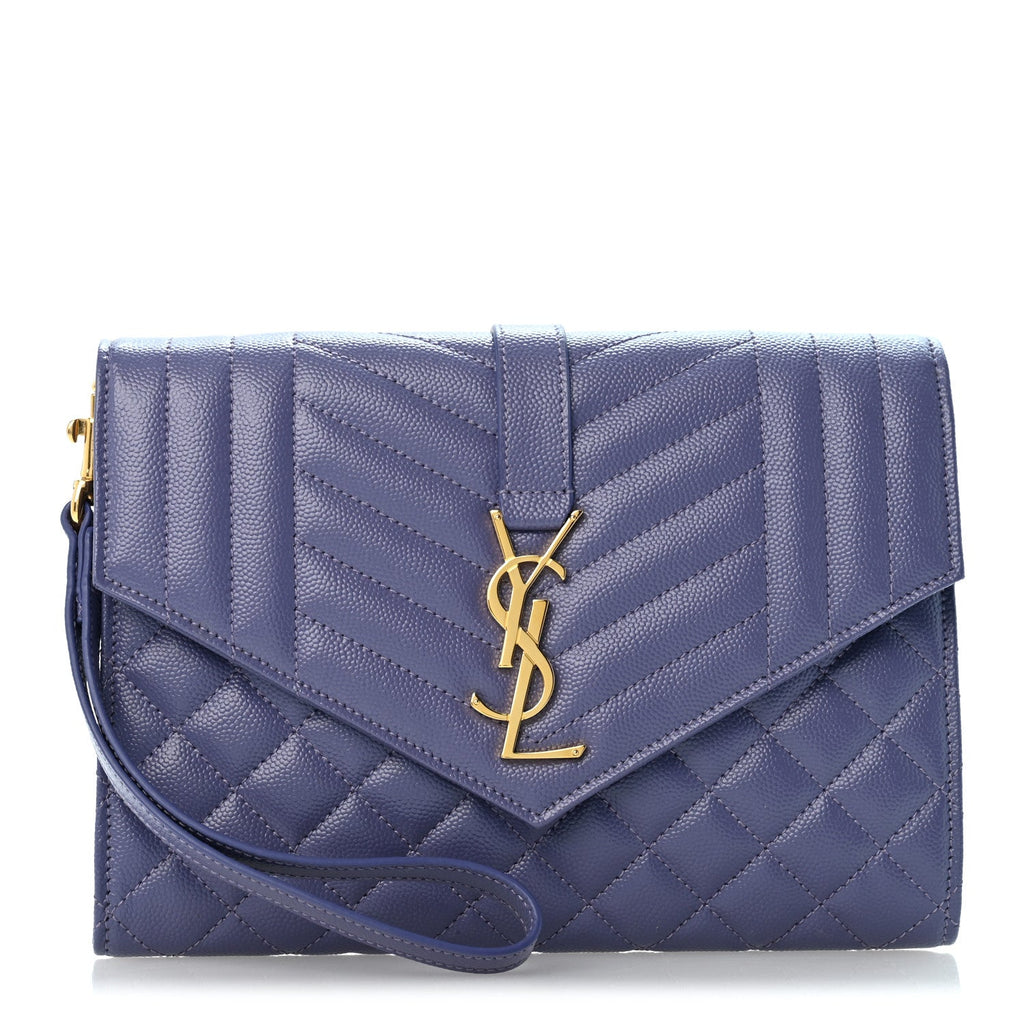 Saint Laurent Grain De Poudre Textured Mixed Matelasse Triquilt Monogram Clutch Dark Wisteria