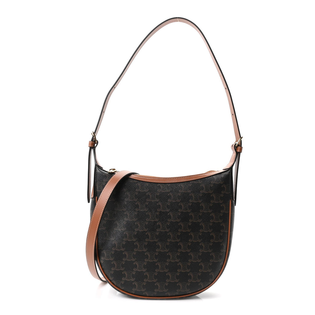 Celine Calfskin Triomphe Canvas Small Heloise Shoulder Bag Tan