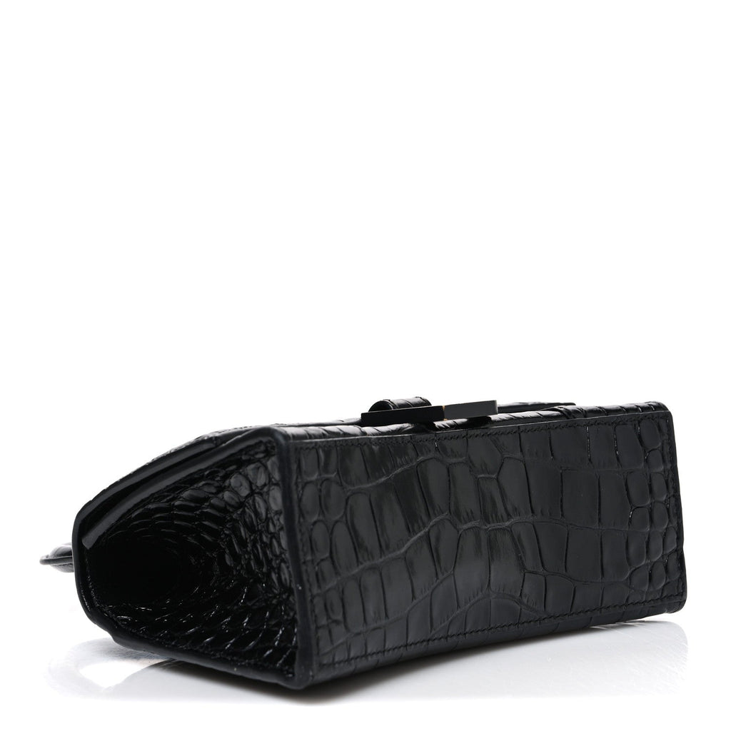 Balenciaga Shiny Calfskin Monochrome Crocodile Embossed Hourglass Top Handle Bag XS Black