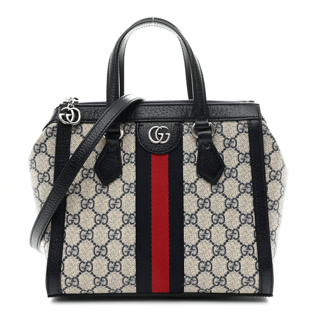 Gucci GG Supreme Monogram Textured Dollar Calfskin Web Small Ophidia Tote Bag Beige Blue