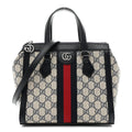 Gucci GG Supreme Monogram Textured Dollar Calfskin Web Small Ophidia Tote Bag Beige Blue