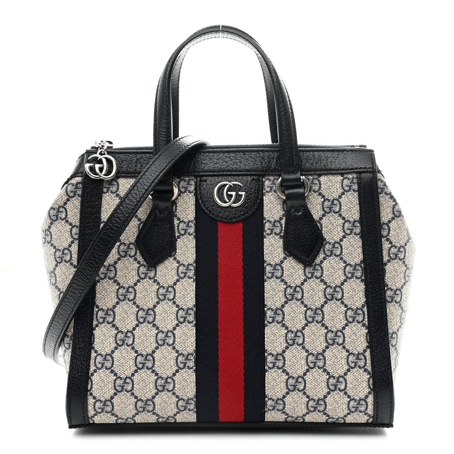 Gucci GG Supreme Monogram Textured Dollar Calfskin Web Small Ophidia Tote Bag Beige Blue