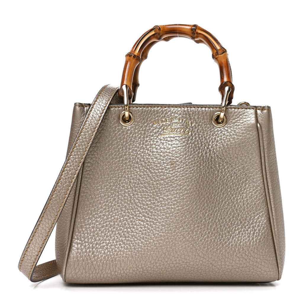 Gucci Metallic Calfskin Mini Bamboo Shopper Tote Golden Beige