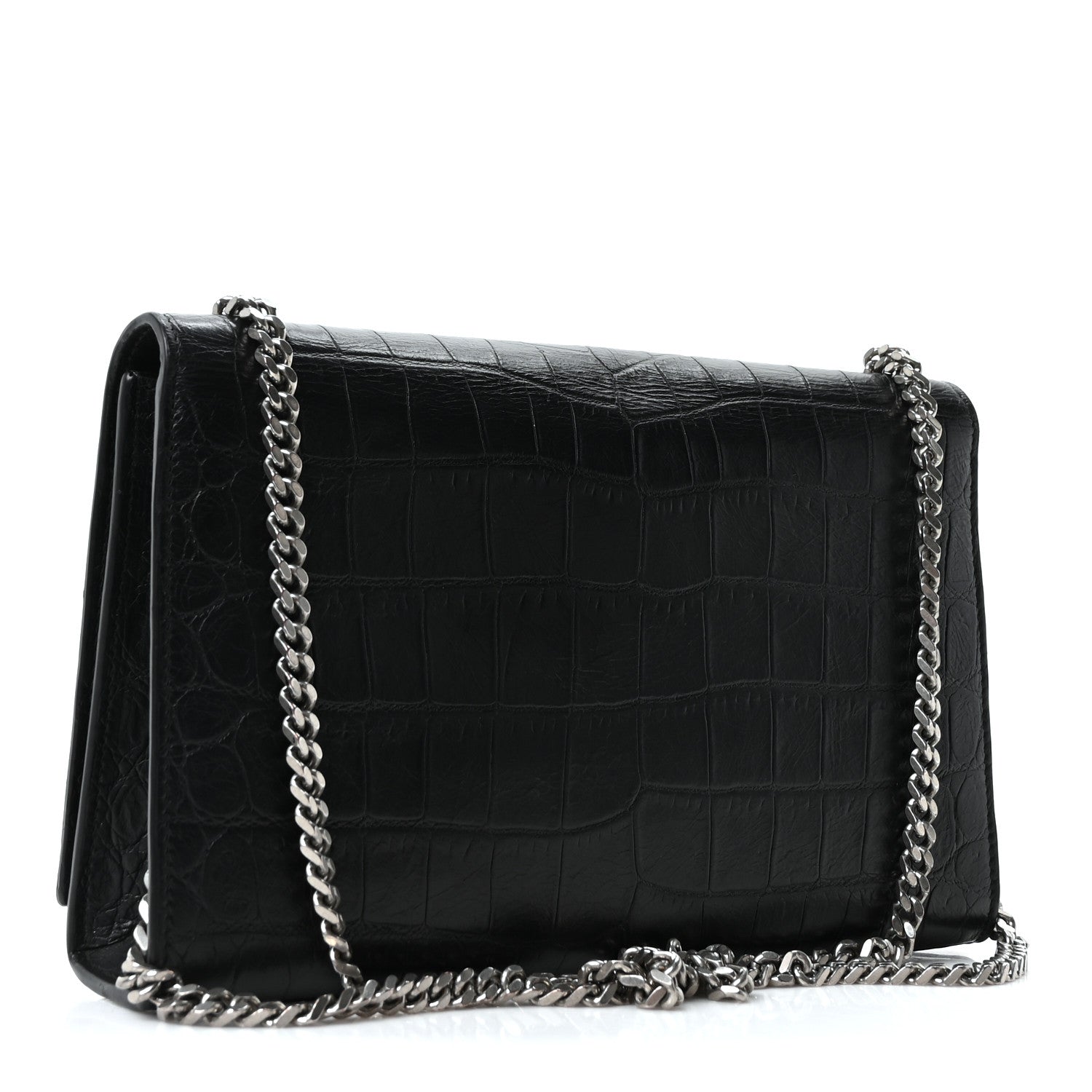 Saint Laurent Calfskin Crocodile Embossed Medium Classic Monogram Kate Tassel Satchel Black