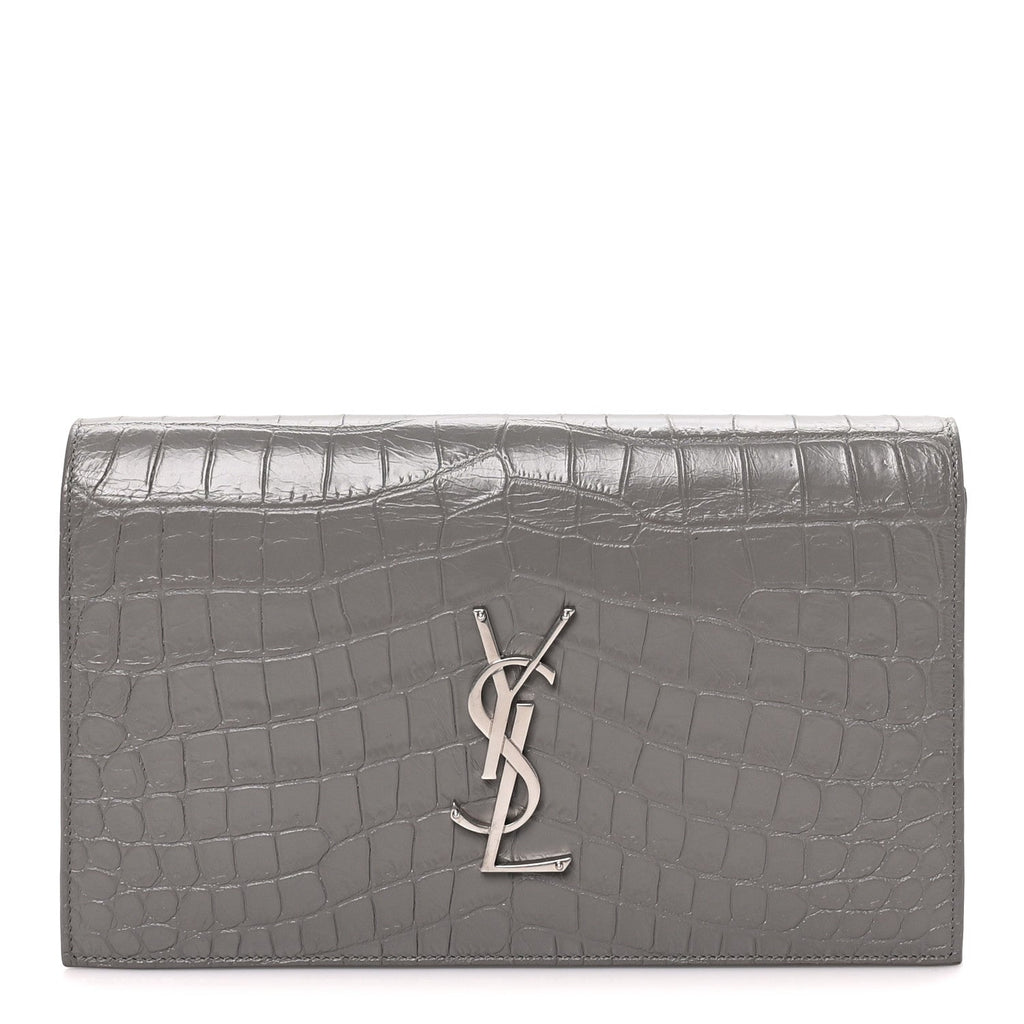 Saint Laurent Croc Embossed Calfskin Classic Kate Monogram Clutch Fog