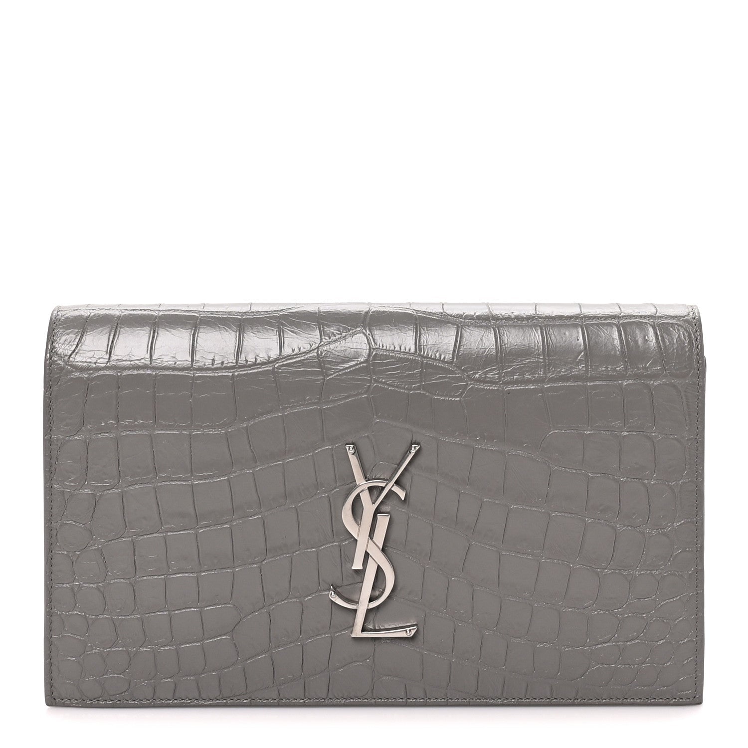 Saint Laurent Croc Embossed Calfskin Classic Kate Monogram Clutch Fog