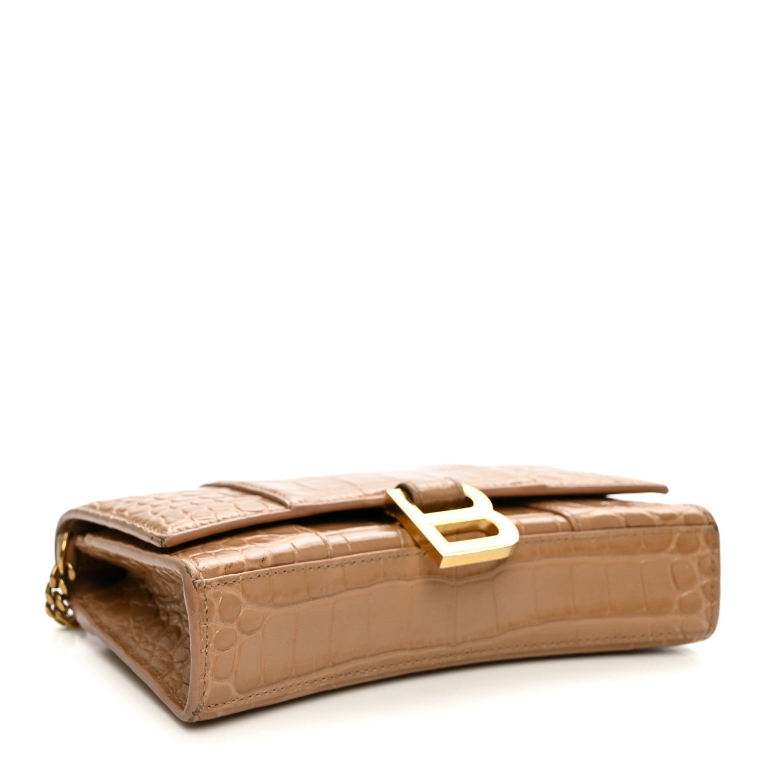 Balenciaga Shiny Calfskin Crocodile Embossed Hourglass Chain Bag Nude Beige