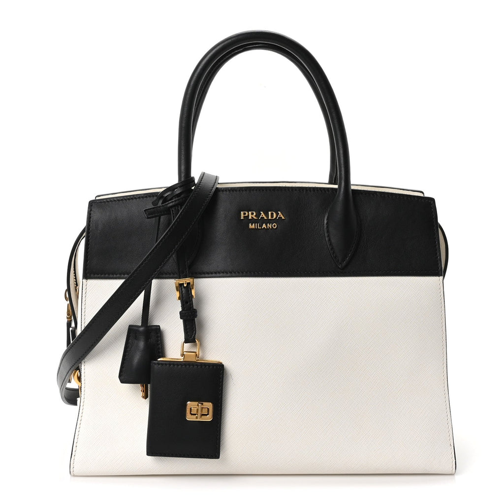 Prada Saffiano City Calfskin Medium Esplanade White Black
