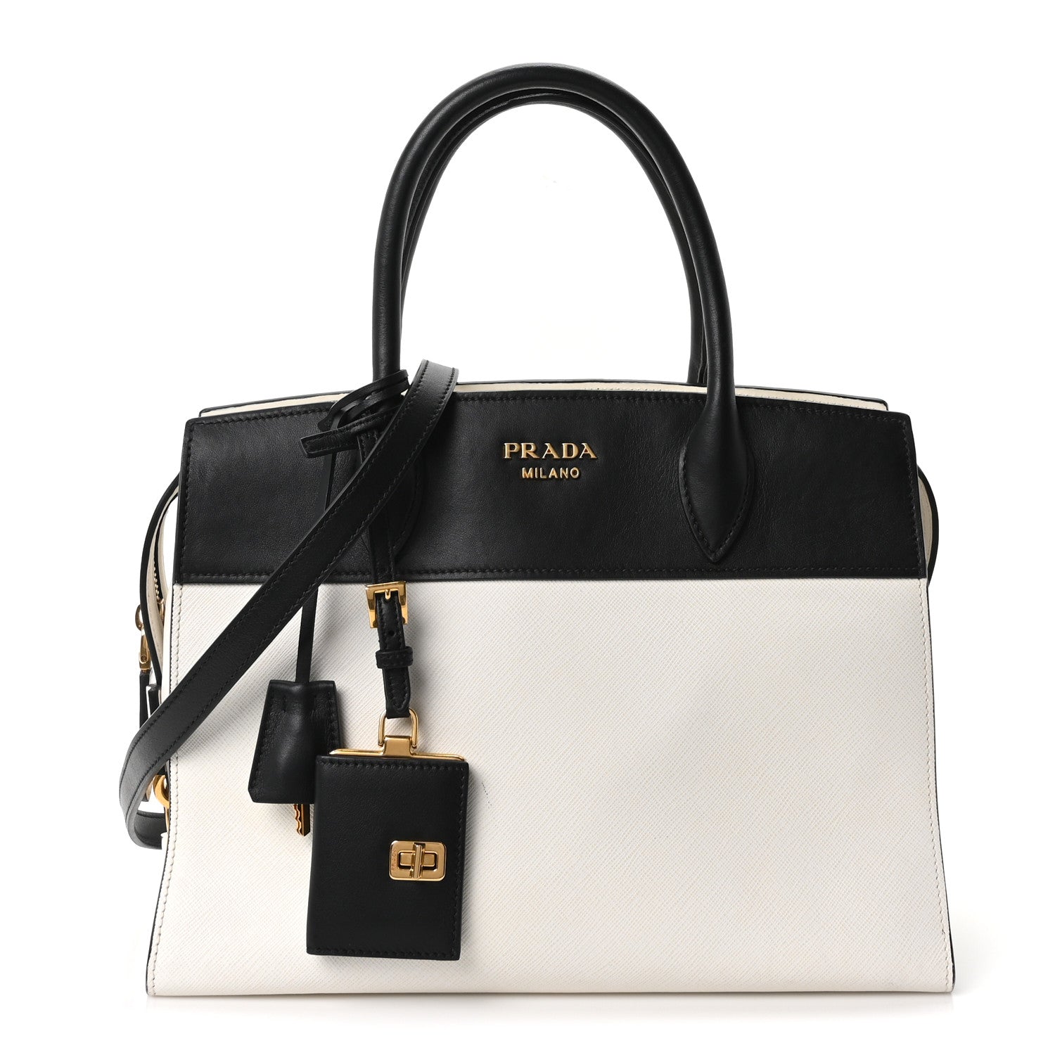 Prada Saffiano City Calfskin Medium Esplanade White Black