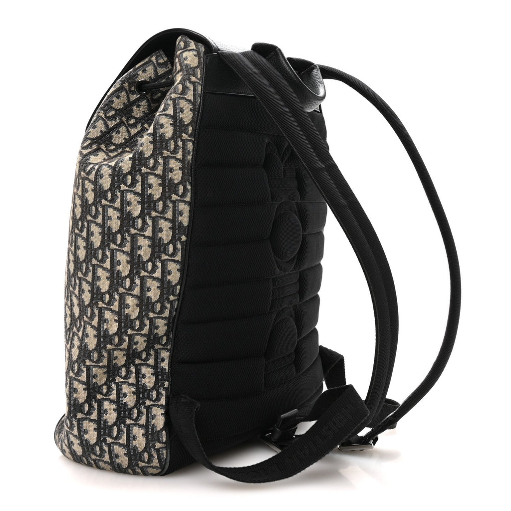 Dior Oblique Jacquard Grained Calfskin Drawstring Saddle Backpack Beige Black