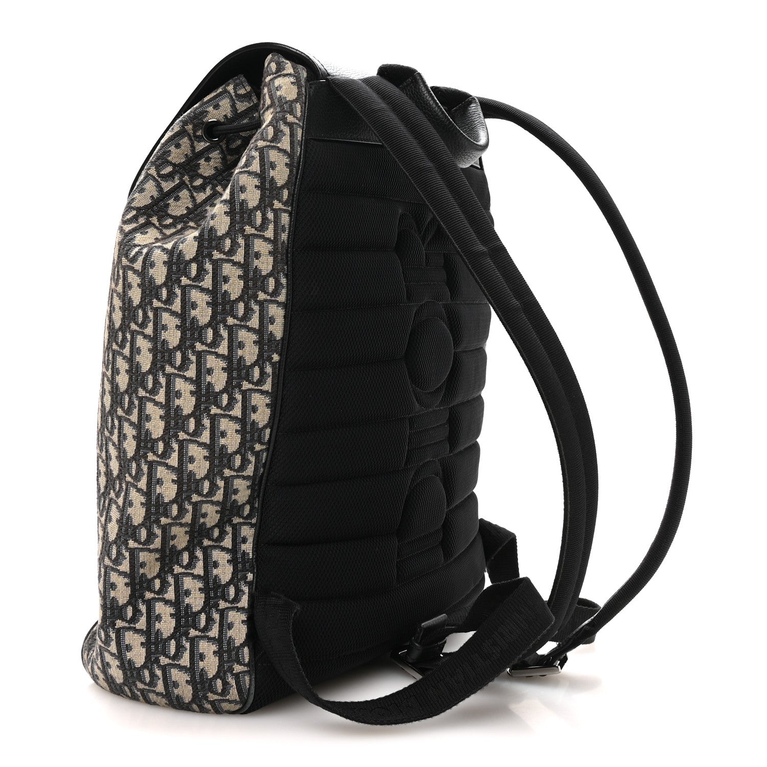 Dior Oblique Jacquard Grained Calfskin Drawstring Saddle Backpack Beige Black