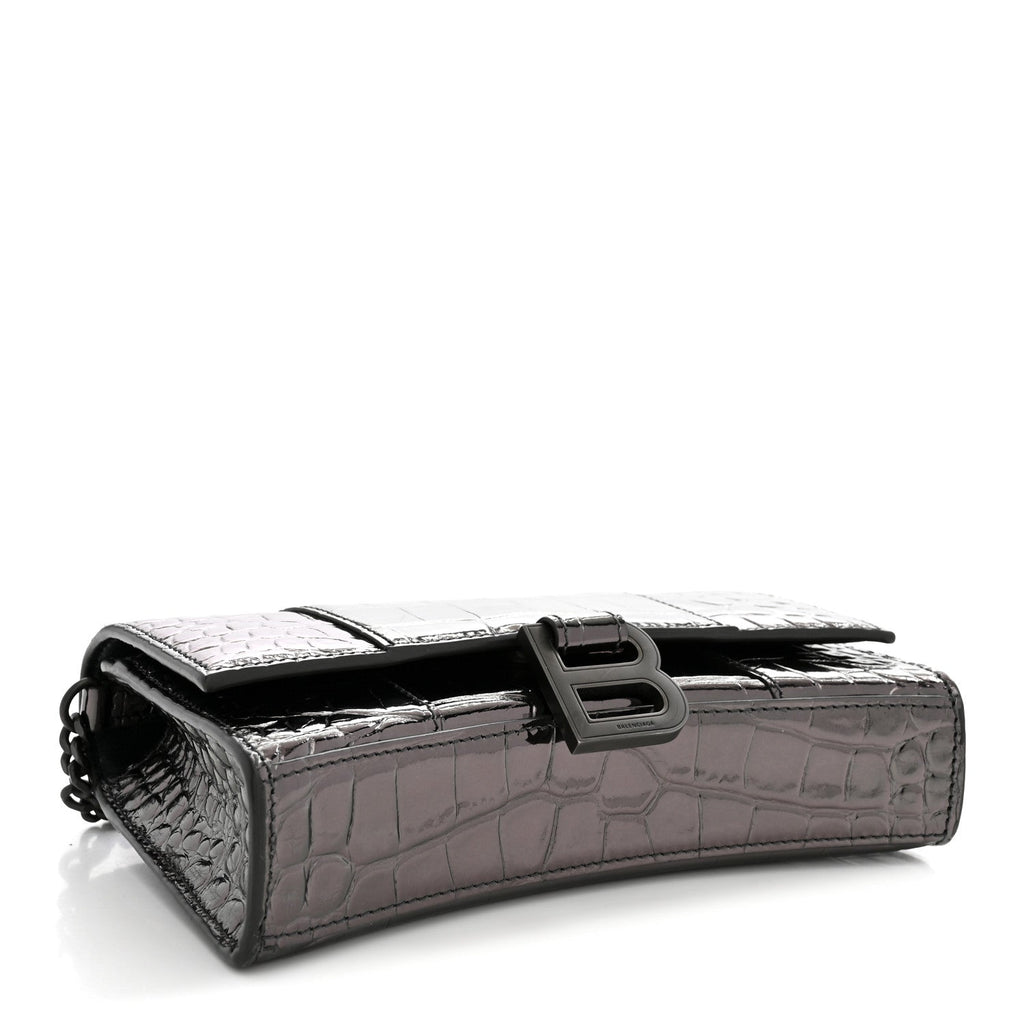 Balenciaga Shiny Metallic Calfskin Crocodile Embossed Hourglass Chain Bag Gunmetal