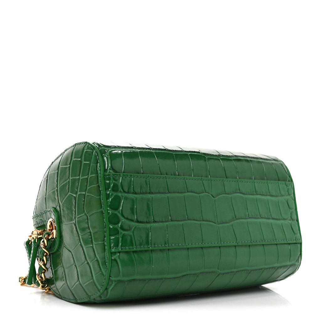 Chanel Calfskin Crocodile Embossed Mini Bowling Clutch With Chain Green