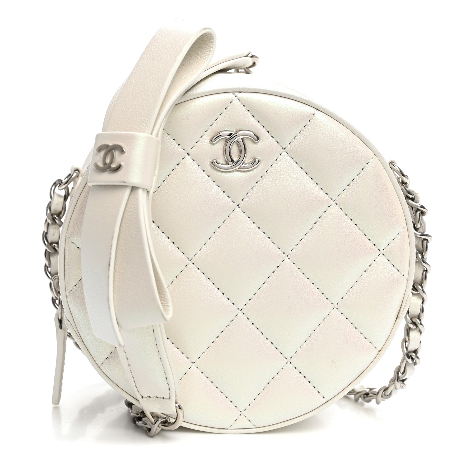 Chanel Iridescent Lambskin Quilted Coco Bow Round Clutch With Chain Ivory