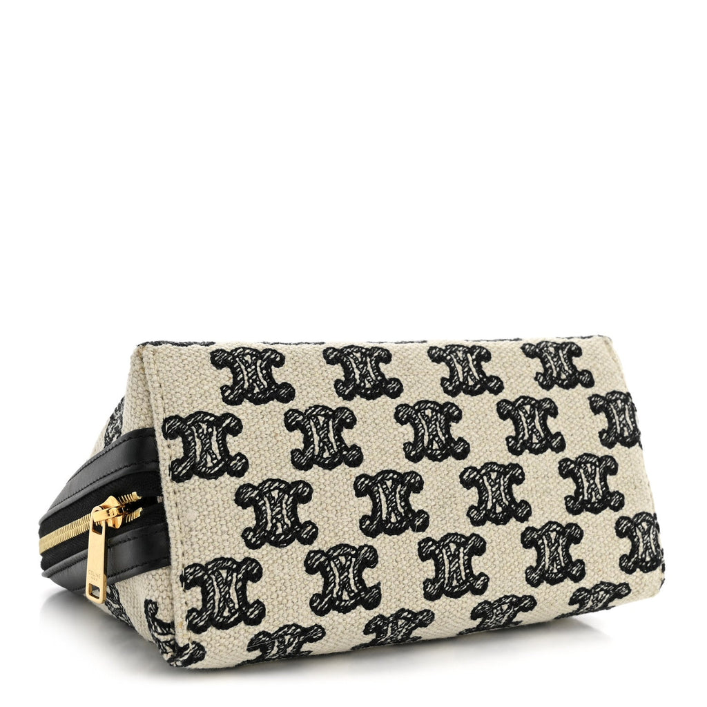 Celine Canvas Calfskin Triomphe Embroidered Clutch On Chain Black