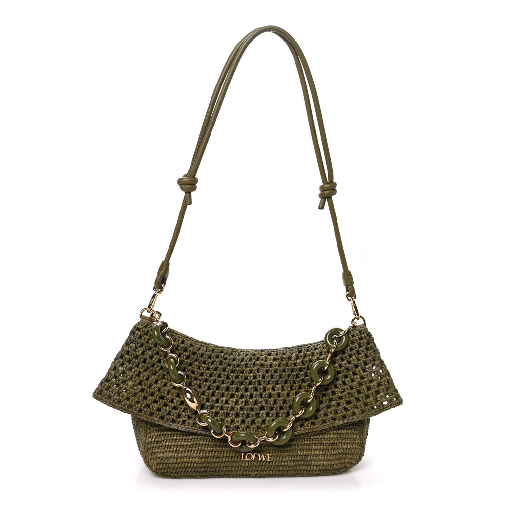 Loewe Raffia Calfskin Donut Chain Medium Ola Shoulder Bag Dark Khaki
