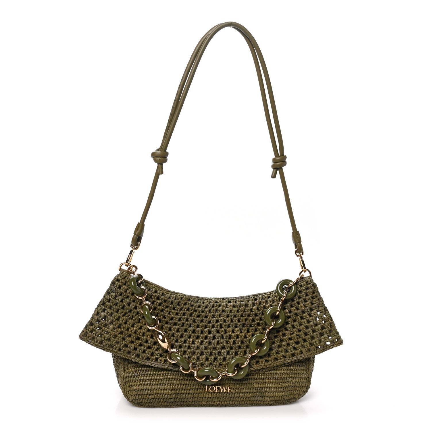 Loewe Raffia Calfskin Donut Chain Medium Ola Shoulder Bag Dark Khaki