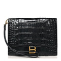 Balenciaga Shiny Calfskin Crocodile Embossed Hourglass Gusset Pouch Black
