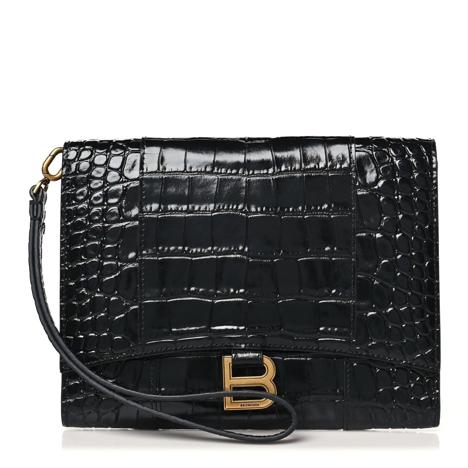 Balenciaga Shiny Calfskin Crocodile Embossed Hourglass Gusset Pouch Black