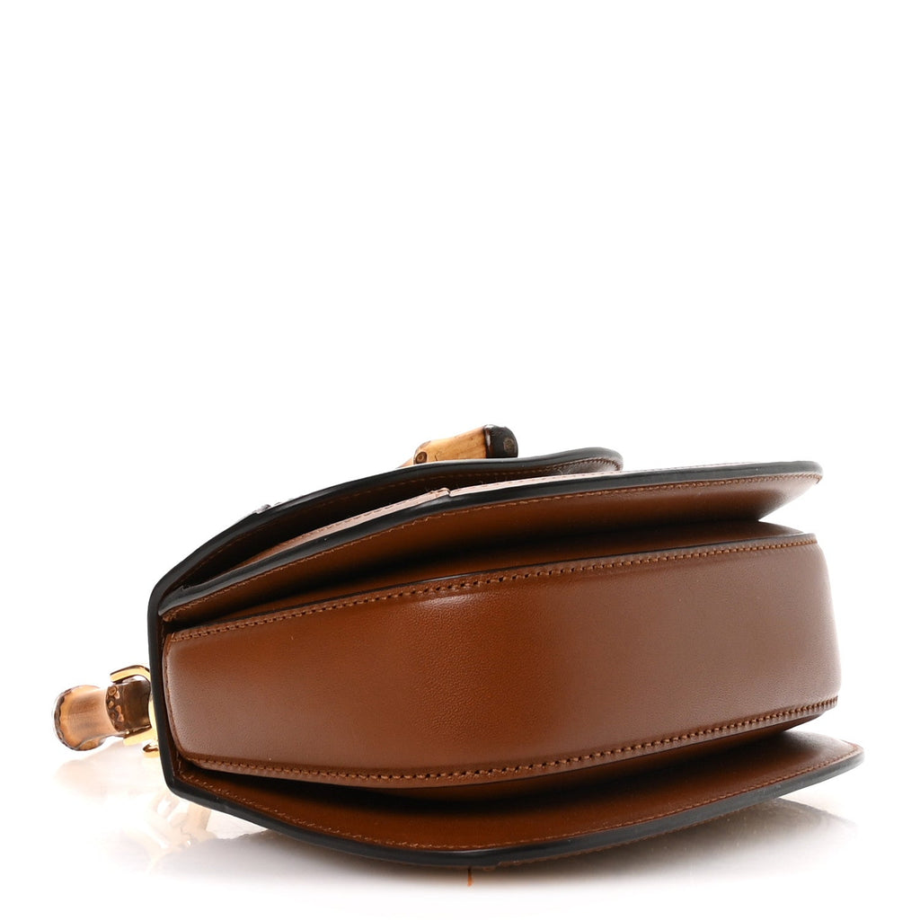 Gucci New Canvas Charisma Calfskin Crystal GG Monogram Small Bamboo 1947 Top Handle Bag Camel Ebony