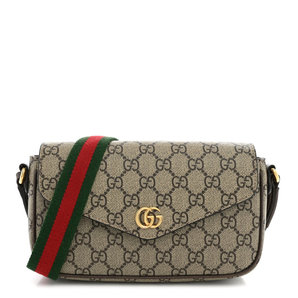 Gucci GG Supreme Monogram Textured Dollar Calfskin Web Mini Ophidia Envelope Shoulder Bag Beige Ebony