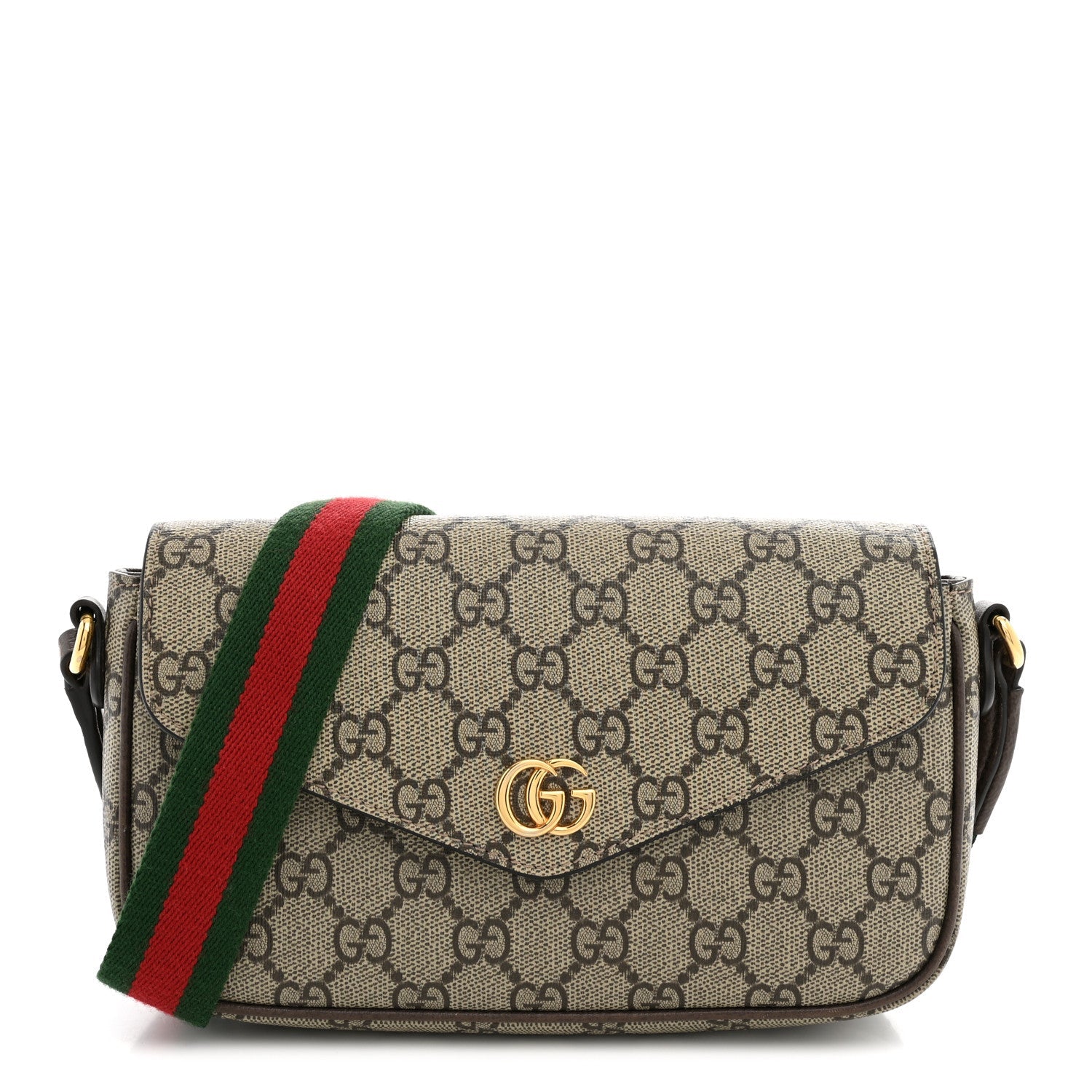 Gucci GG Supreme Monogram Textured Dollar Calfskin Web Mini Ophidia Envelope Shoulder Bag Beige Ebony