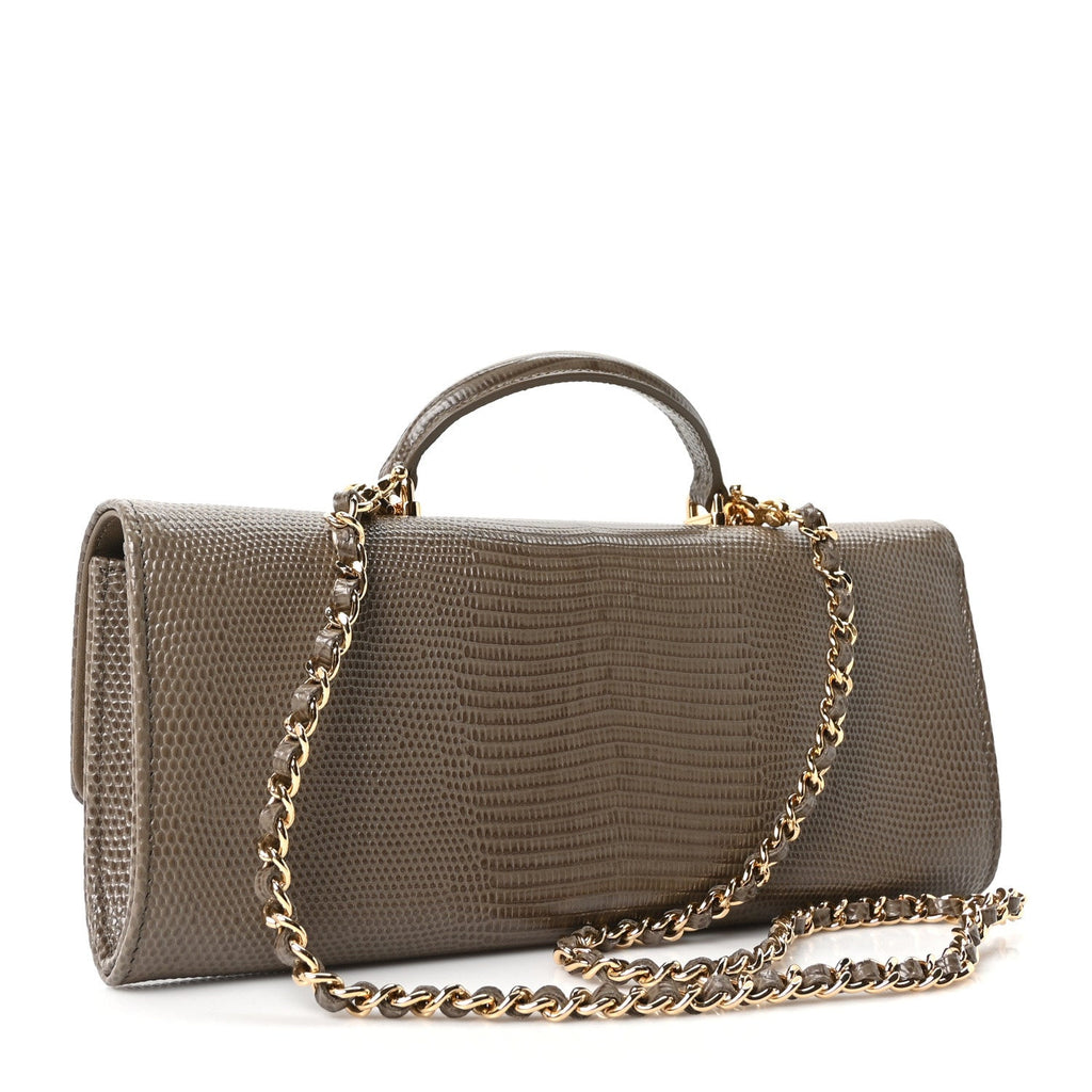 Chanel Calfskin Lizard Embossed Top Handle Long Clutch With Chain Dark Khaki