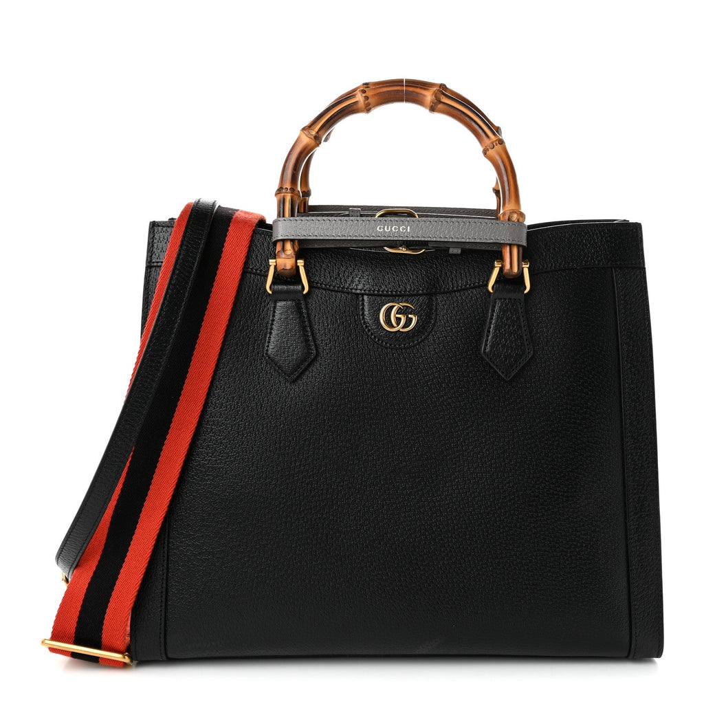 Gucci Textured Dollar Calfskin Web Medium Diana Tote Bag Black Dusty Grey