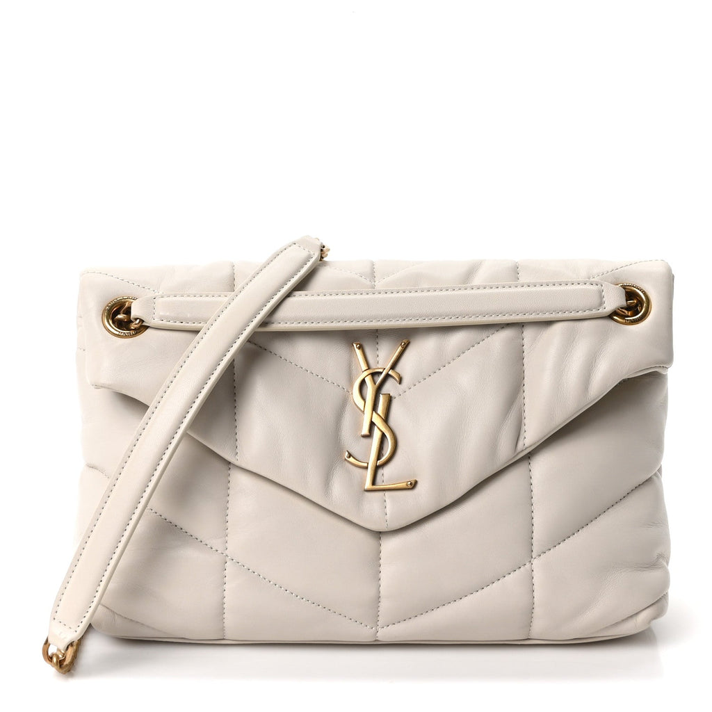 Saint Laurent Lambskin Quilted Small Loulou Puffer Monogram Chain Satchel Blanc Vintage