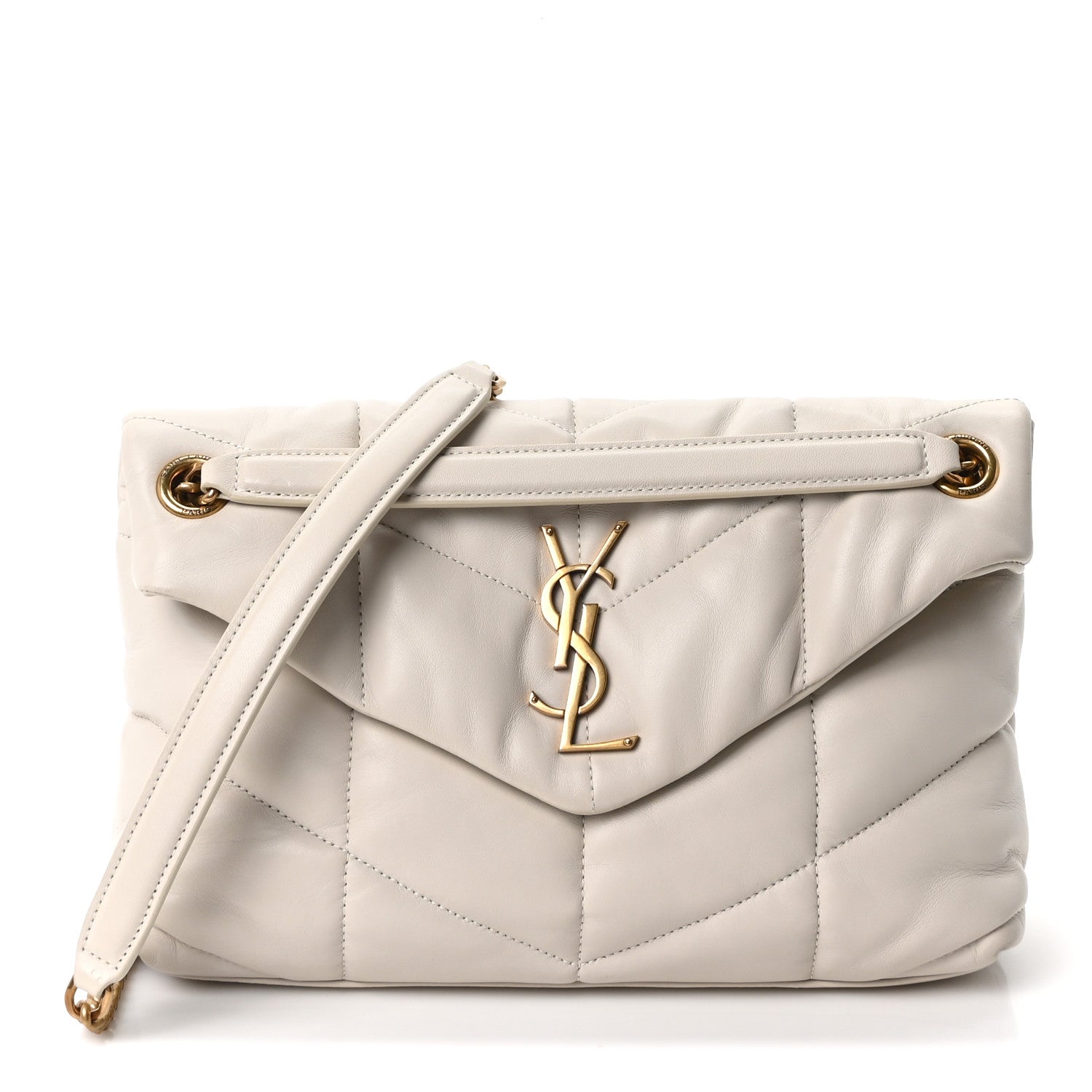 Saint Laurent Lambskin Quilted Small Loulou Puffer Monogram Chain Satchel Blanc Vintage