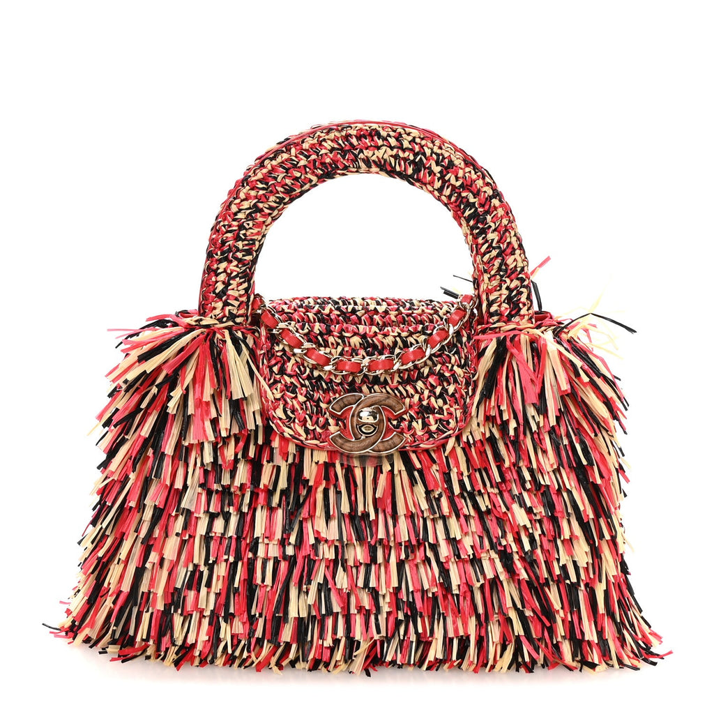 Chanel Raffia Fringe Nano Kelly Shopper Red Beige Black