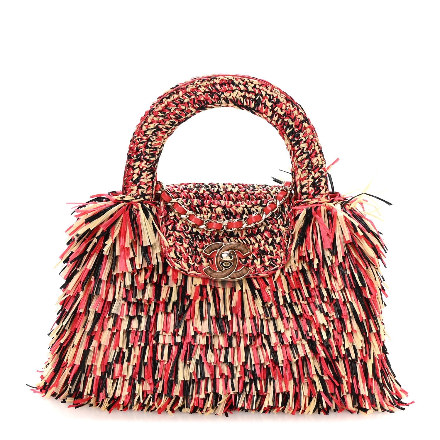 Chanel Raffia Fringe Nano Kelly Shopper Red Beige Black