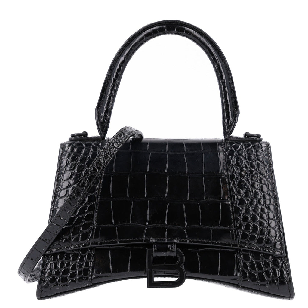 Balenciaga Shiny Calfskin Monochrome Crocodile Embossed Small Hourglass Top Handle Bag Black
