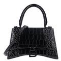 Balenciaga Shiny Calfskin Monochrome Crocodile Embossed Small Hourglass Top Handle Bag Black