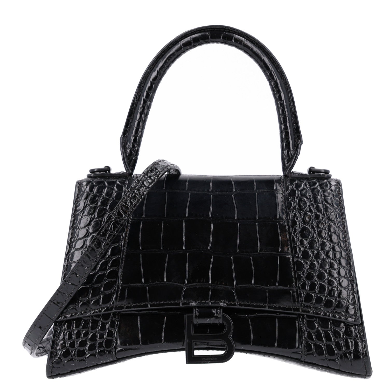 Balenciaga Shiny Calfskin Monochrome Crocodile Embossed Small Hourglass Top Handle Bag Black