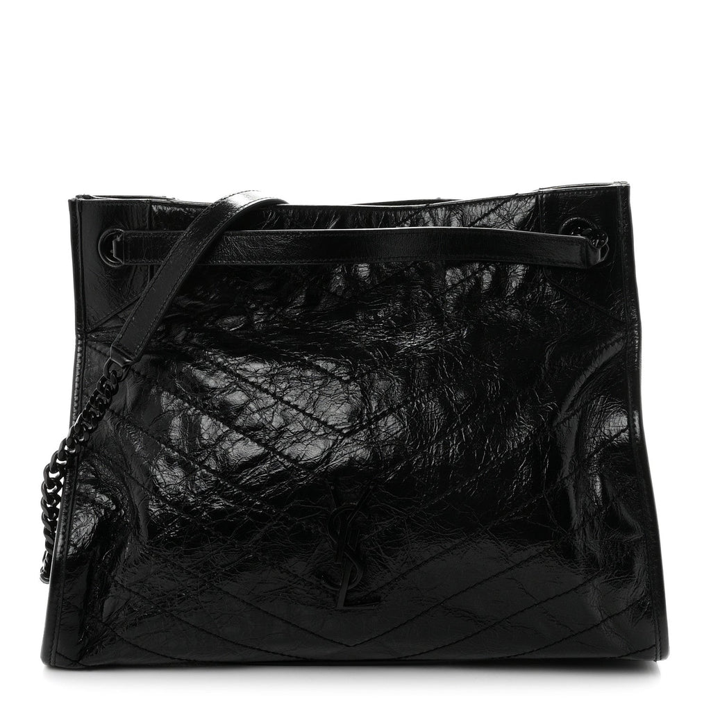 Saint Laurent Crinkled Calfskin Matelasse Monogram Medium Niki Shopper Tote Black