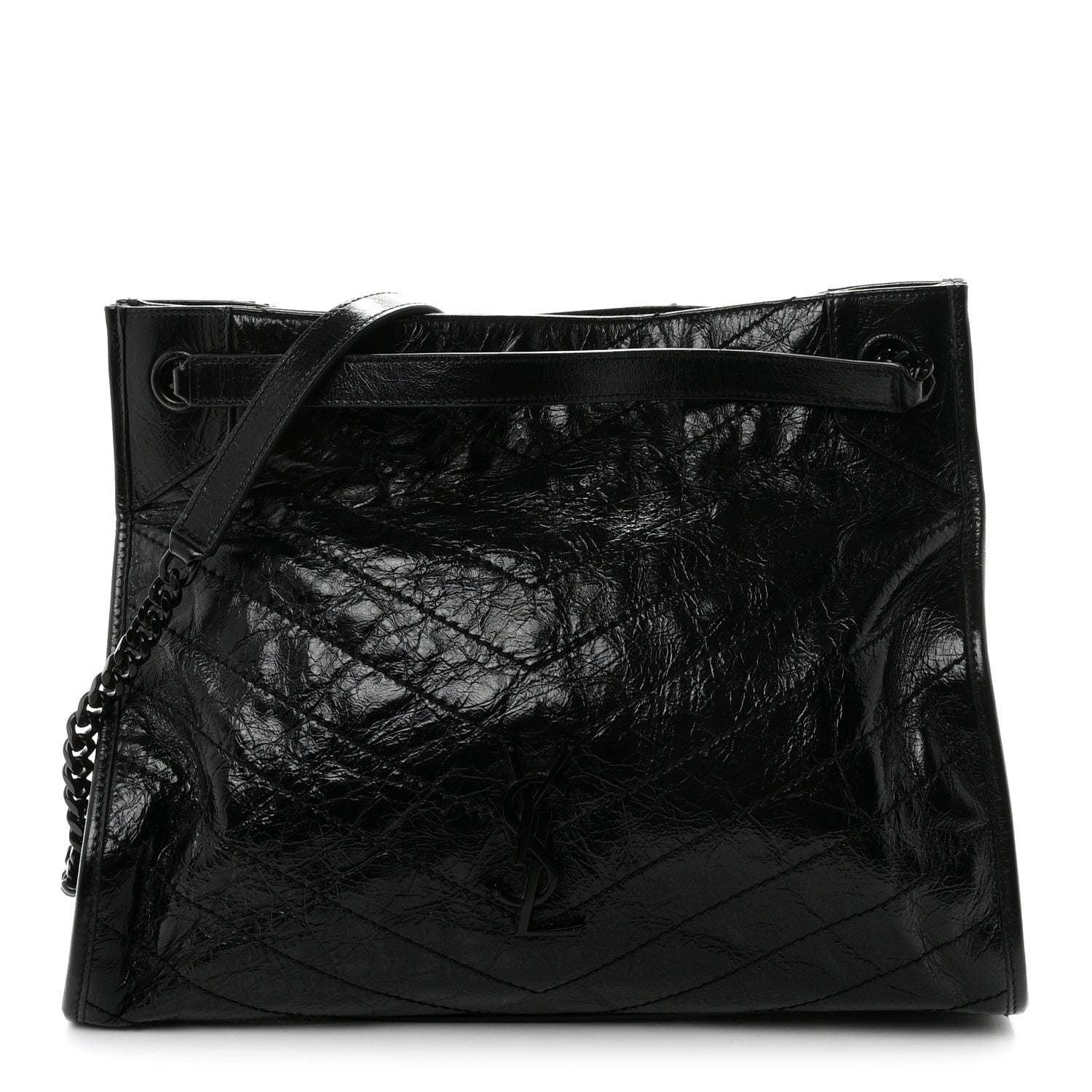 Saint Laurent Crinkled Calfskin Matelasse Monogram Medium Niki Shopper Tote Black