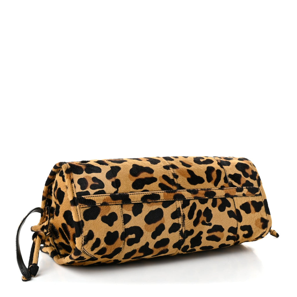 Prada Pony Hair Leopard Print Triangle Medium Bonnie Shoulder Bag Honey
