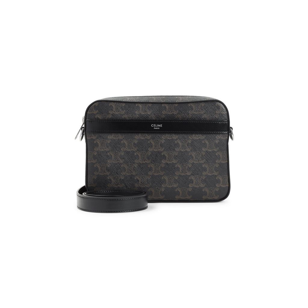 3/4 front view — dark Triomphe canvas messenger bag with CELINE PARIS label
