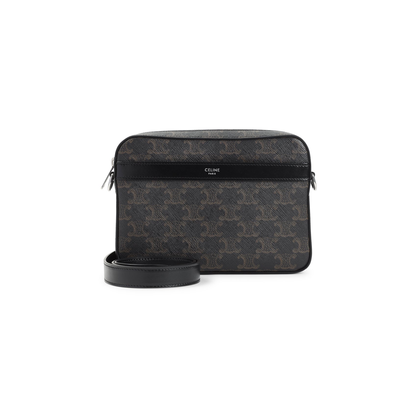 3/4 front view — dark Triomphe canvas messenger bag with CELINE PARIS label
