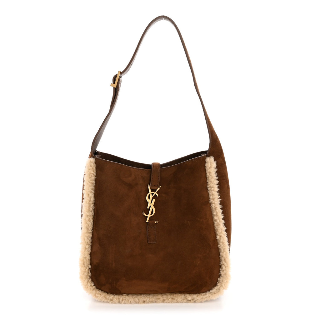 Saint Laurent Suede Shearling Small Le 5 A 7 Soft Hobo Dark Sigaro Natural Beige