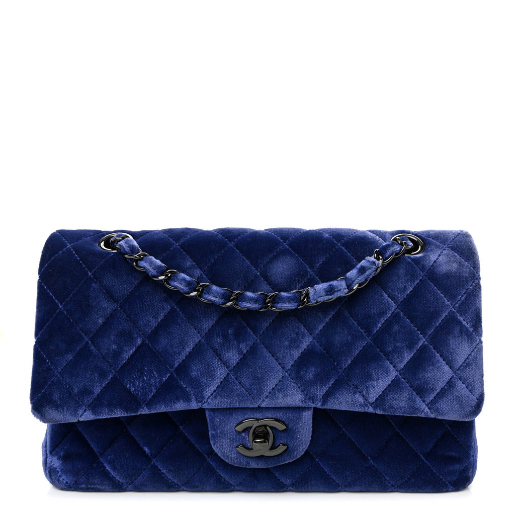 Chanel Velvet Quilted Medium Double Flap Navy Blue