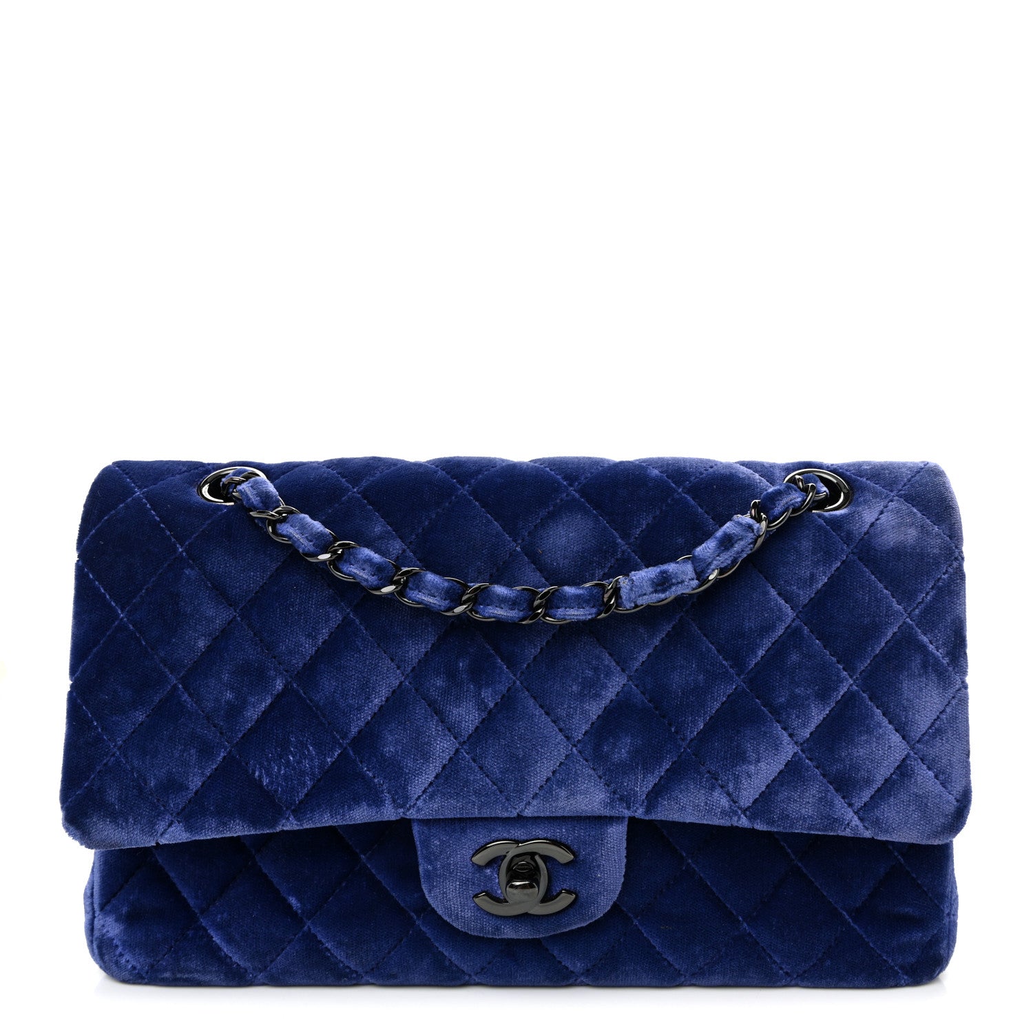 Chanel Velvet Quilted Medium Double Flap Navy Blue