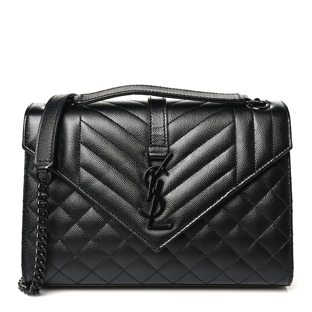Saint Laurent Grain De Poudre Textured Mixed Matelasse Triquilt Medium Monogram Monochrome Satchel Black