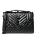 Saint Laurent Grain De Poudre Textured Mixed Matelasse Triquilt Medium Monogram Monochrome Satchel Black