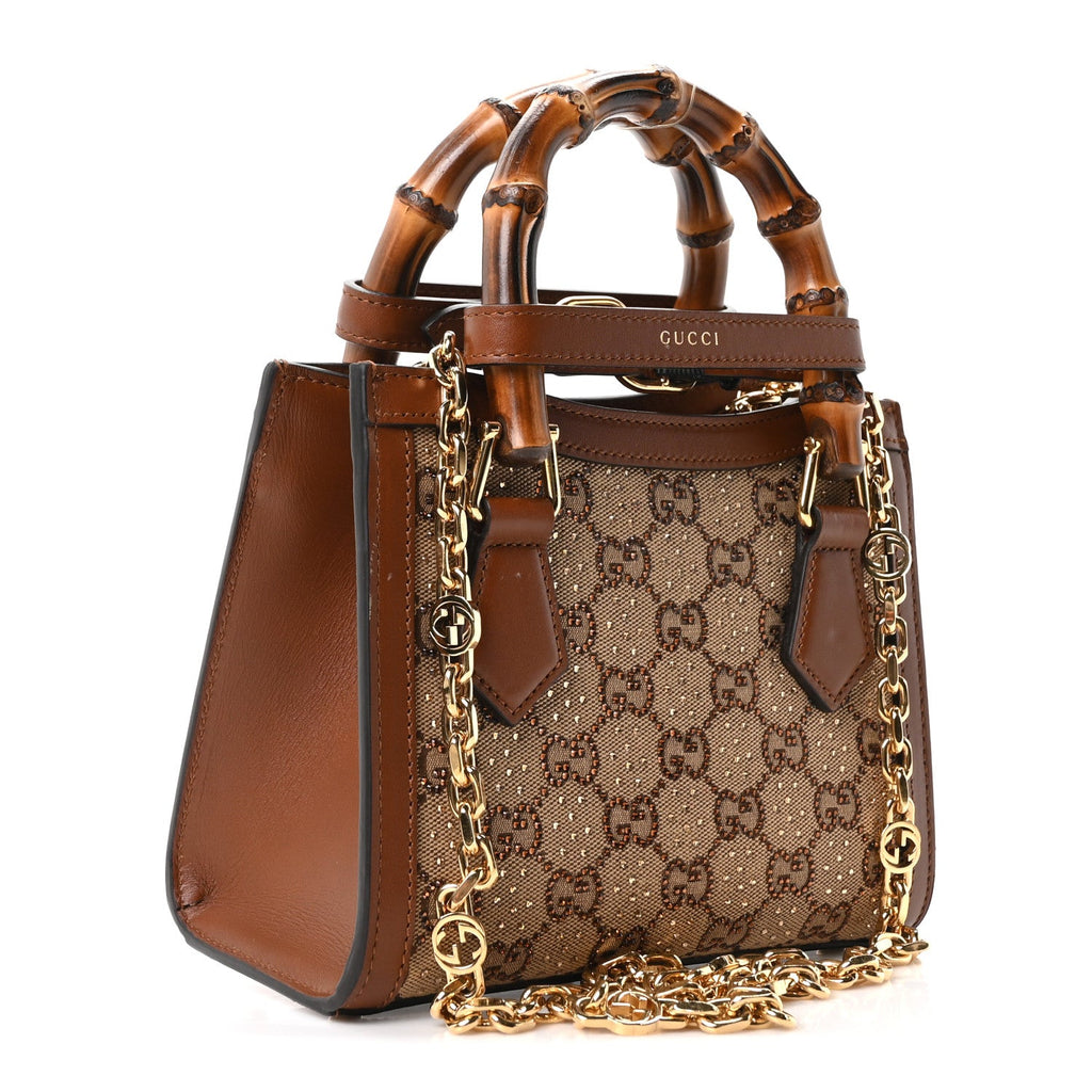 Gucci New Canvas Charisma Calfskin Crystal GG Monogram Mini Diana Tote Bag Camel Ebony